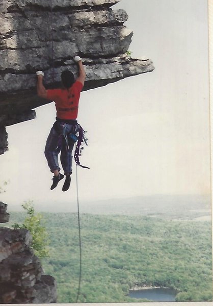My shirt says HIGH ON CHIROPRACTIC. Was going to use it in an ad but could not see the writing well. Taken on The Dangler in the Gunks.