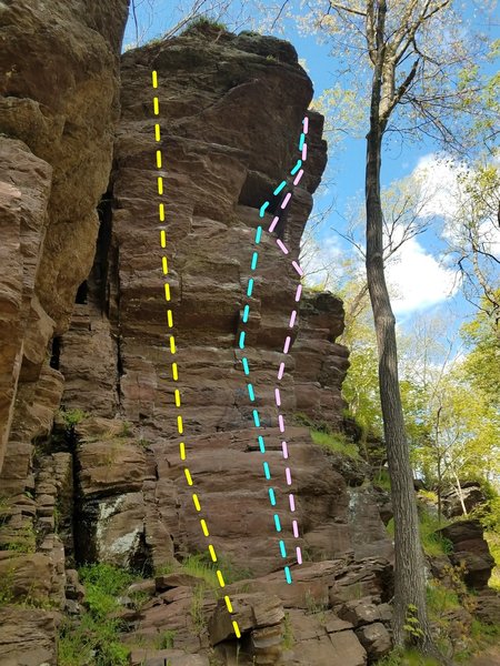 On account of pain is yellow on left. Phone booth....blue or pink route. Blue route slightly harder than pink.