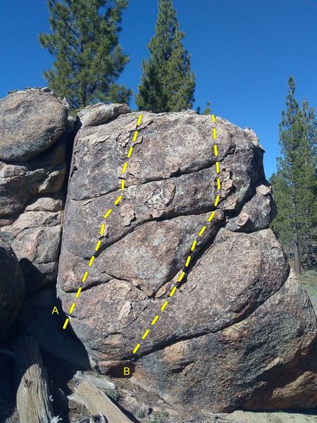 Warm-up Boulder (Left Side), Holcomb Valley
<br>
<br>
A. Left Side #1 (V-easy)
<br>
B. Left Side #2 (V-easy)