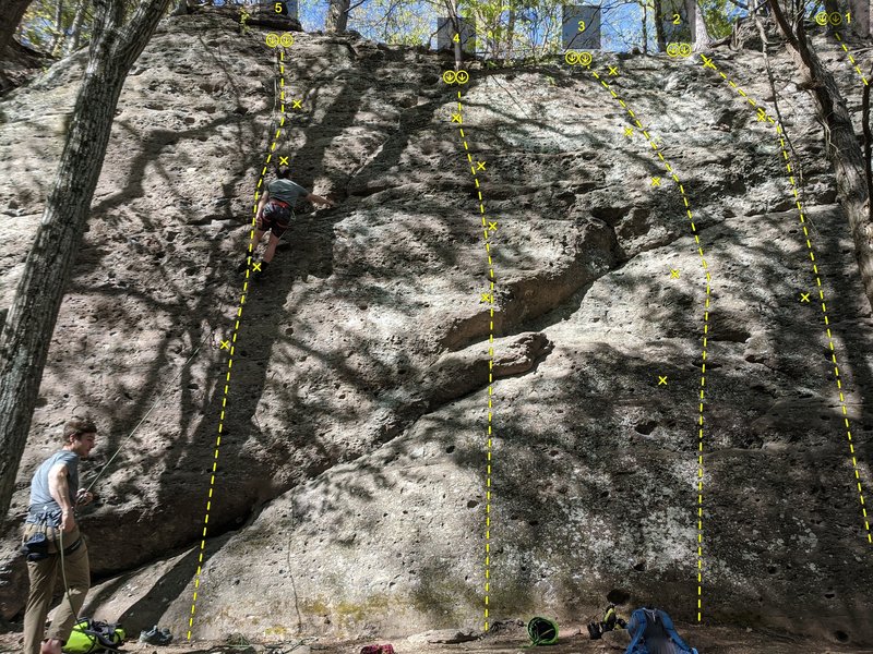 Some of the middle routes. I'm always confused as to what I'm climbing, so hopefully this helps. Lmk if they're wrong:<br>
<br>
1. Tectonic Pocket.<br>
2. Pocket Position.<br>
3. Pocket Calculator.<br>
4. Pocket Rocket.<br>
5. Unknown