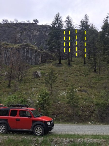 Shows approach from road up steep hill in springtime. Center of area is about where the smaller, lower, band of rock terminates.