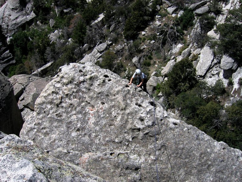 Patty Black topping out the leaning rock formation on Leapin' Leaner - 13 June 2004