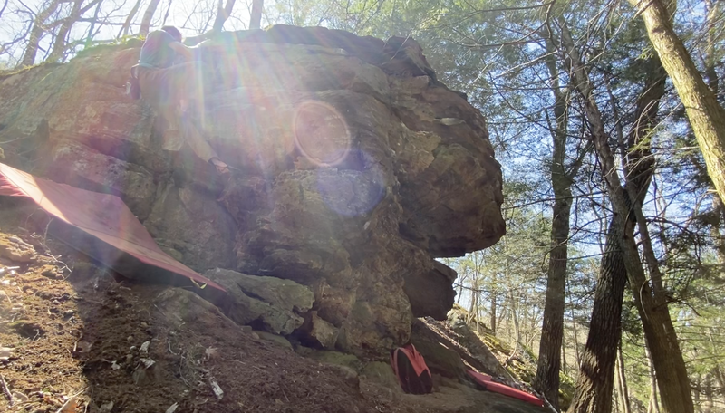 Topping out on Cougar Pounce after traversing left from Lynx start - "Way of the Wildcat (reverse)"