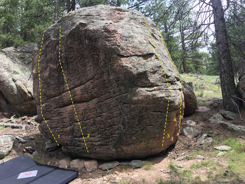 Solitary Spirit boulder beta:
<br>
<br>
1) Solitary Confinement, V2.
<br>
2) Solitary Spirit, V3?
<br>
3) Unknown, V2.
<br>
4) Seldom Seen, V1.