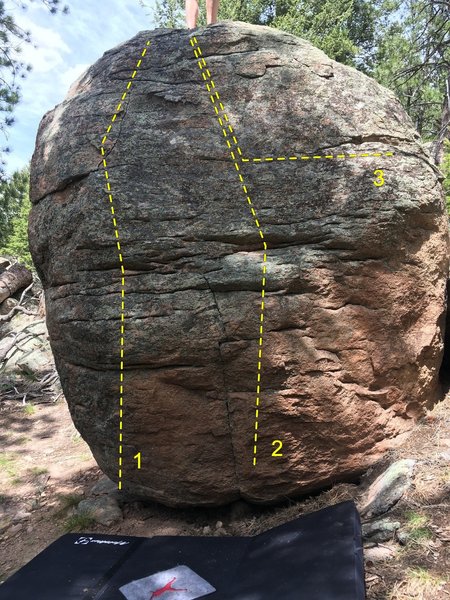 Right side of Solitary Spirit. Routes below are my attempt at finding routes from the Gillet guide, plus an added unknown line and a variation to Seldom Seen.
<br>
<br>
1) unknown, V2.
<br>
2) Seldom Seen, V1.
<br>
3) Seldom Seen, V0 variation.