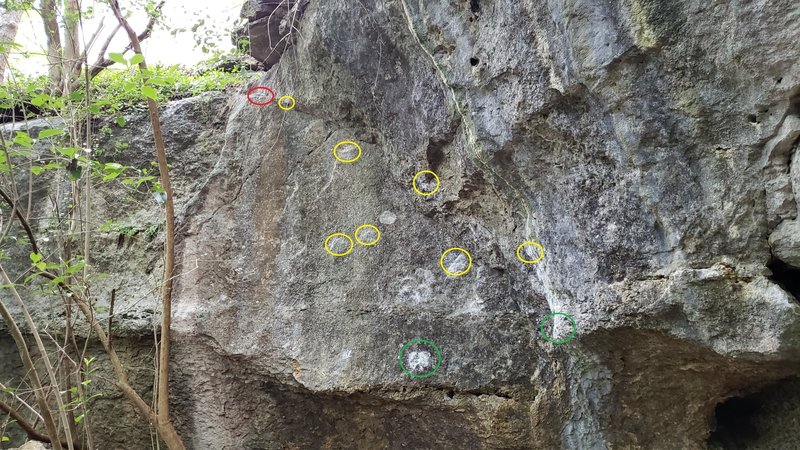 Marked Start holds in green, Hands marked with yellow, Final ledge before top out marked in red. (Feet not marked)