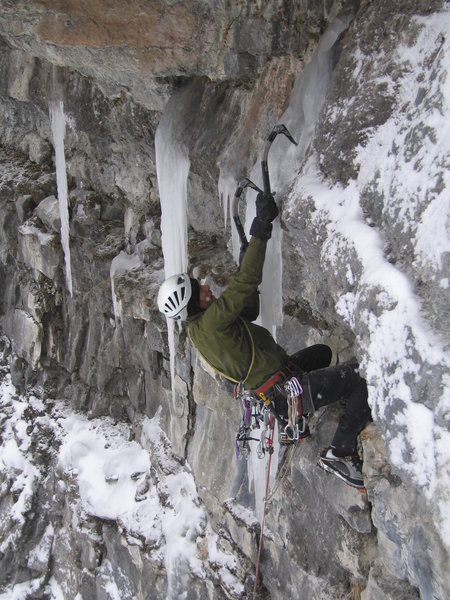 Stanley Vrba at the upper crux of Dr. Delicate; Dec. 30, 2007.