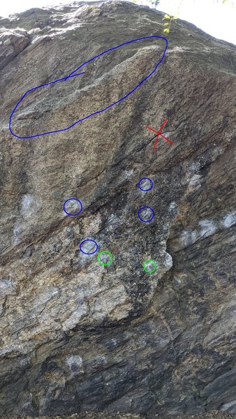 Start on the green holds. Blue holds are on. Flake is off for hands & feet, as is the good crack (X'ed out). Throw for the rail and top out through the crystals.