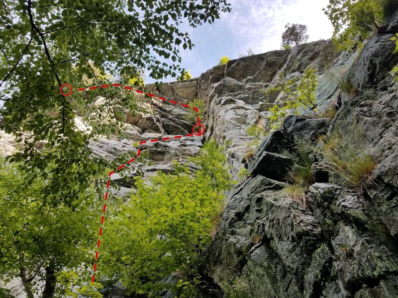 The route (obscured by trees).  Belay circle to show belay next to small tree.  Same belay spot seen in Conor Mark's picture here in these pictures.