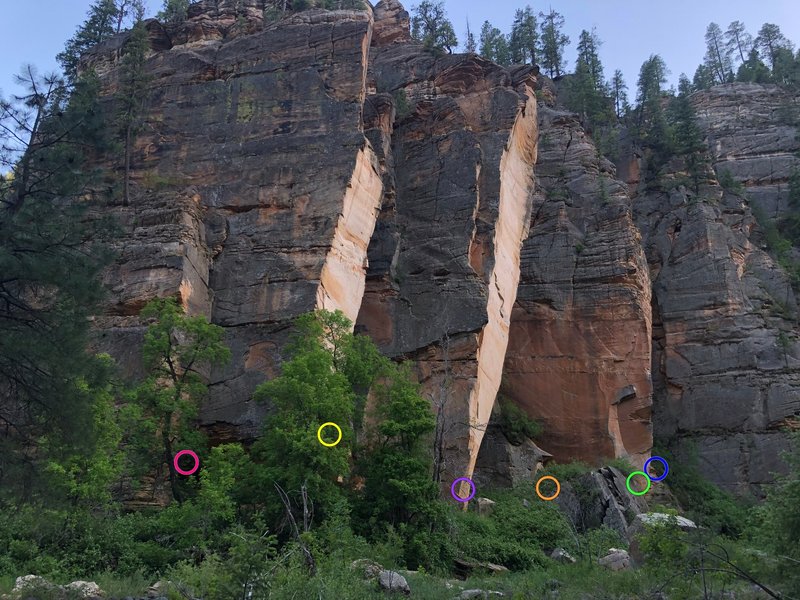 The Ultimate Finger Crack area. From L to R: Ultimate Traverse (red), Ultimate Finger Crack (yellow), Twist of Fate (purple), Ultimate Dirty Sanchez (orange), Semi-ultimatic (green), Ultimarete (blue)