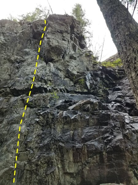 Namby-Pamby follows the topo up the left side of the overhanging pillar.