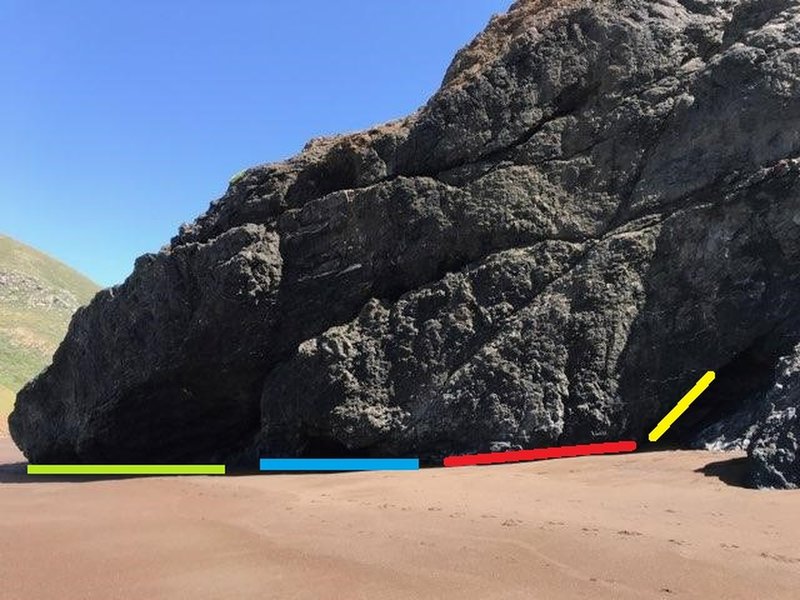 Most of the bouldering at Tennessee valley beach. 3-4 climbs on the green area. 2-3 smaller overhangs at blue, Red has a mix of v0 - v3 traverses and yellow is a fun v7? with a very chossy topout