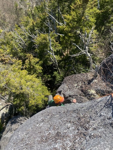 Austin passing the narrow crux, you'll know you're their when your helmet doesn't fit.