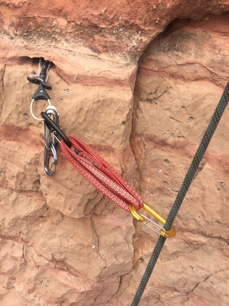 A sneaky .4 placement before the final bolt. Just below you can fit a bomber 1. Regardless, it's 10 feet of 5.6 to the bolt.