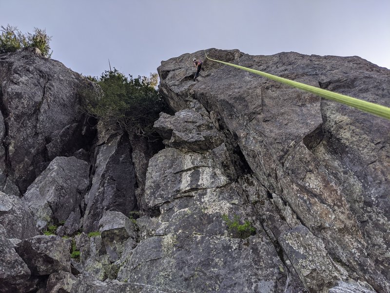 Entering the left traversing finger crack. Excellent climbing through here. Takes great gear.