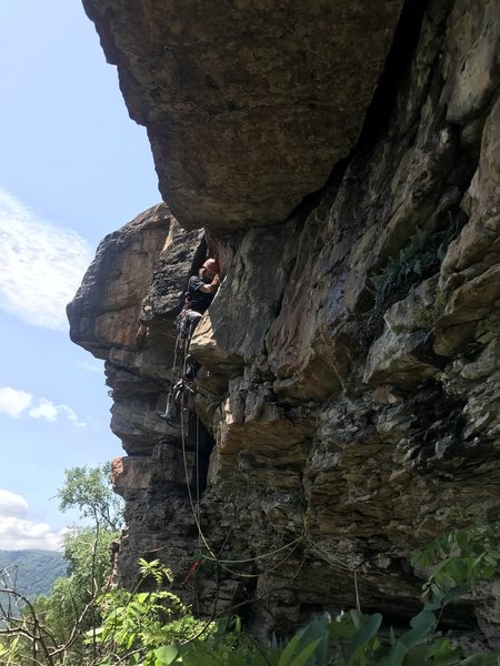 You should not be getting this view of the second pitch. There were hundreds of bees blocking the standard entry so a belay was made to the side near FV. The gear placed was merely to keep the ropes off the bees. A less than ideal situation...