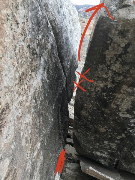 The left arete with low hands. Get your feet on the left-facing wall. Continue with easy moves up.