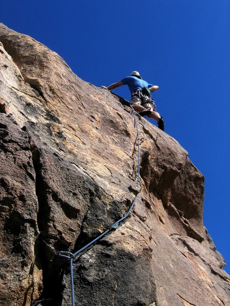 Craig Clarence traversing into the face climbing on Ben's Magic Weenie. 29 October 2006.