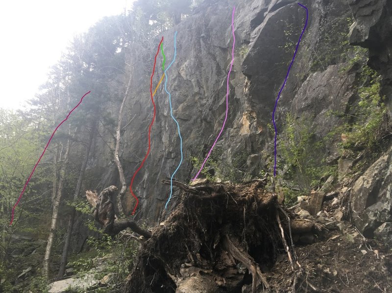 Left to right:
<br>
Maroon - Paleface Arete
<br>
Red - The Spirit of Waternomee
<br>
Orange - Spirit of Pete
<br>
Green - Danenome
<br>
Lt. Blue - Danen Direct
<br>
Pink - Devil's Diagonal
<br>
Blue - Lone Wolf