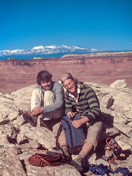 Ed Webster and Pete Williams on the summit after the FA of Lightning Bolt Cracks. Scanned from the original slide, Williams collection.