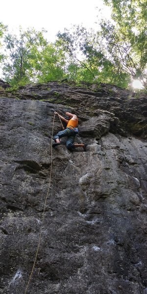 3rd Bolt Clip - Left hand on the Horn above the crack; be sure to get your feet high if you're over 6 foot; just below the Horn and to the right, there is a sandy looking shelf that is solid, just trust it!!!!