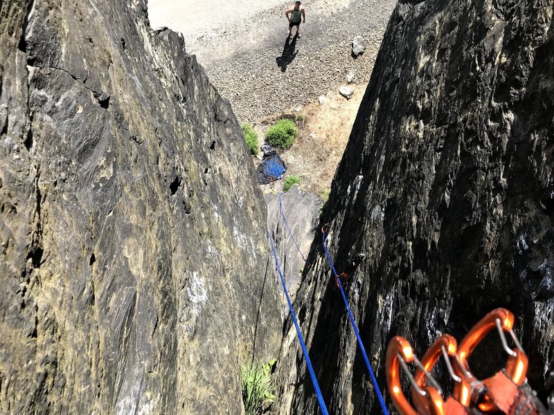 Looking down on rappel from the chimney