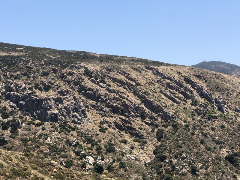 View of the Mission Gorge Climbing Area from South Fortuna Trail. From left to right- main wall/lunch rock, limbo area, and middle earth.