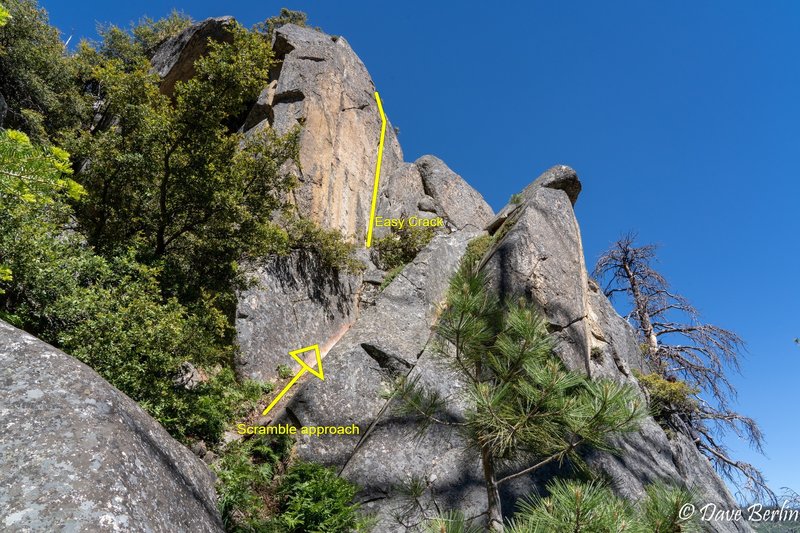 Wall with easy crack and 5.11 top rope. Also access to anchors for some routes on the lower buttress from the ledge up there.