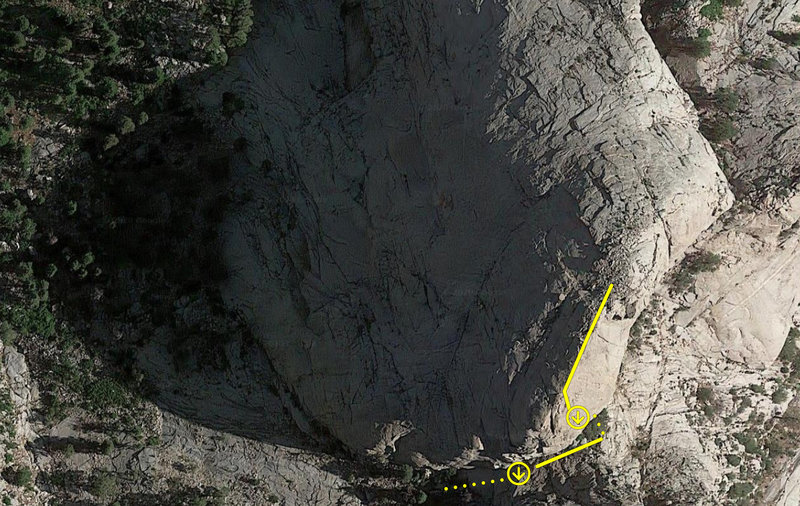 RAPPEL 1 of 5: Approximate locations of descent rappel anchors on satellite map