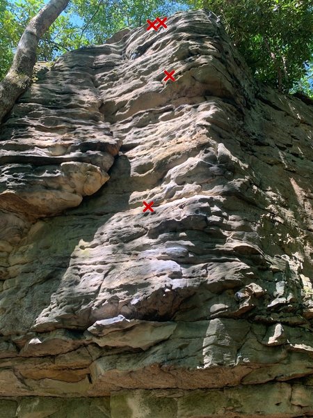 Hang On St. Christopher from the base. Great route with a challenging starting sequence, shown in this pic by the abundance of chalk marks.
