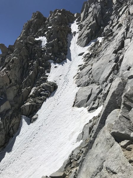 Top of the North Face route as seen on the descent down the north face ridge - 5 July 2020.
