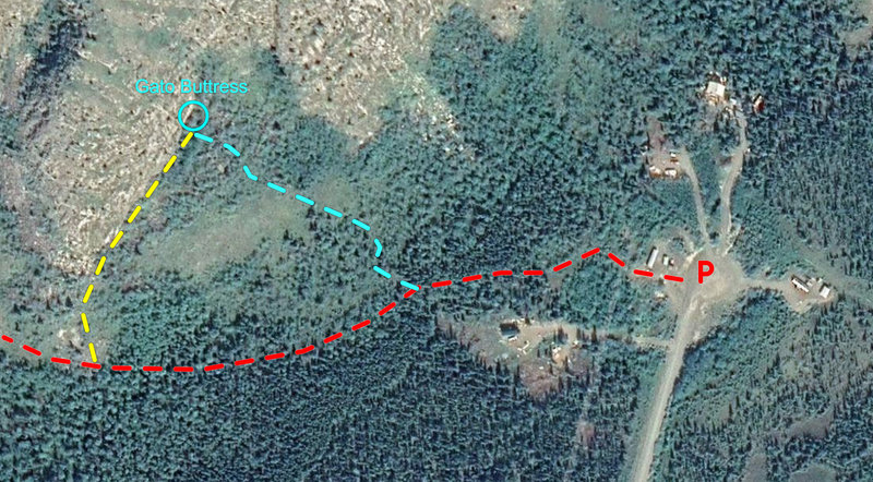 Rough direction to Gato Buttress: Red is the general trail below Paint, Aqua is the easiest way up, and Yellow is a little bushwhack