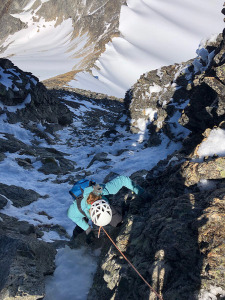 Looking down the initial gully on a July 5th ascent