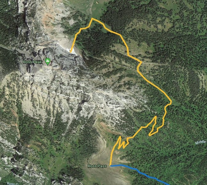 Updated approach from Ross Pass Trail Intersection. This route follows a trail for 1.1 miles before turning left up a shallow draw between two sets of trees, then over into the NE bowl to the snow field for a total of 2 miles. Photo data ©2019 Google