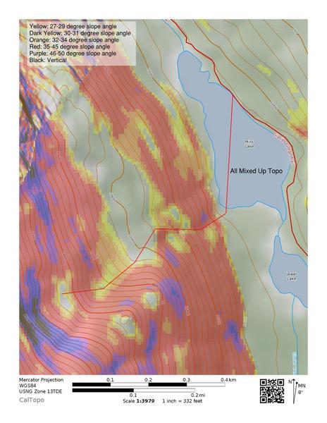 This topo map shows the terrain and degree of slope for the area approaching AMU. (A.K.A. where the avalanche potential is).