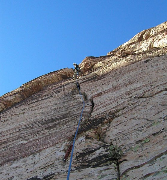 Looking up at the second belay
