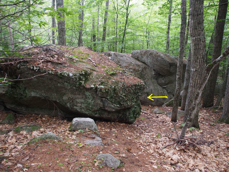 Looking at "Ledge Fund" (Left) and Slab Dyno (Right) from about 25-30 ft behind Landmark Bldr. Looks like nothing, but walk through the slot between them.