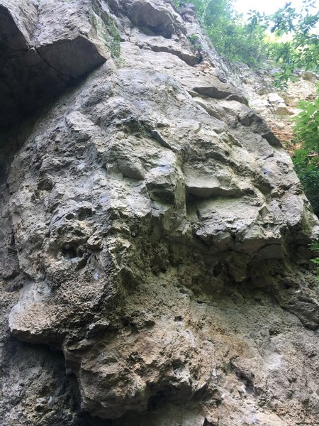 The route goes up the face just left of the arete then cuts right at the roof for the 5.11 version and pulls the roof for the 5.12 (Sierra Madre) version