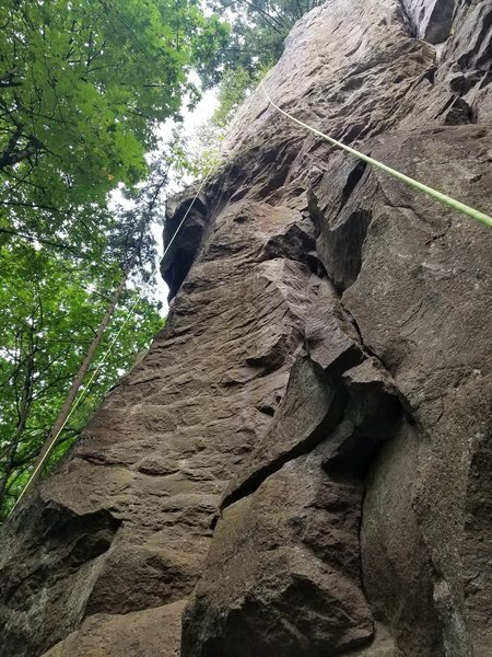 Taken from the Phylynx/Walk on Water/Mind Games belay chain anchors at the bottom. 1st half of the climb. The rock bulge on the face marks the merge point with Eye in the Sky. Then move left towards the arete