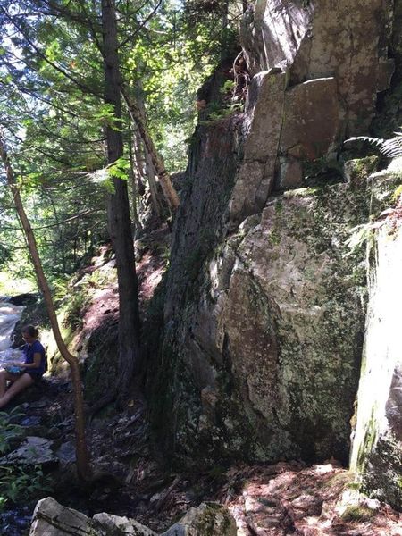 Looking upstream at the Prow boulder. Keelhaulin' climbs the obvious arete. My lovely wife is seated to the left.