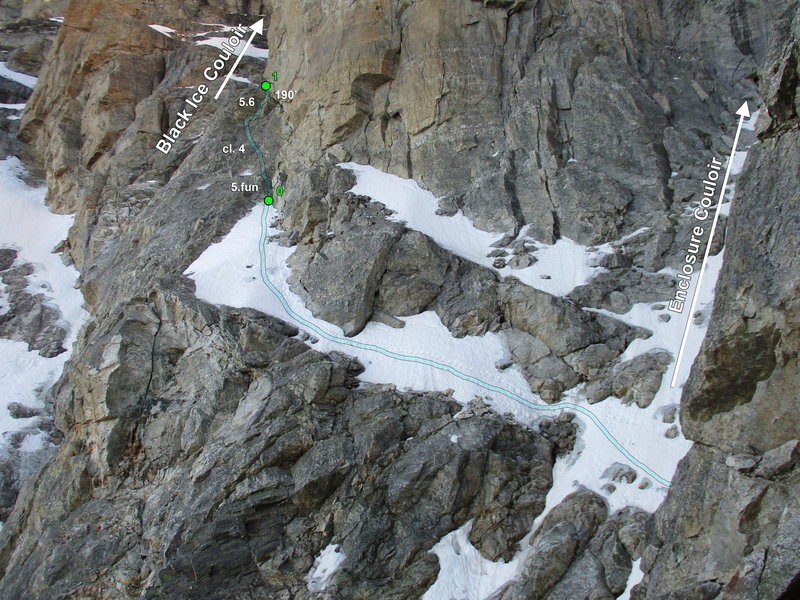 The last part of the approach, from the Enclosure Couloir through the rock pitch, seen from the cl. 4 section of the Valhalla Traverse Upper Ledges, July 22, 2020.