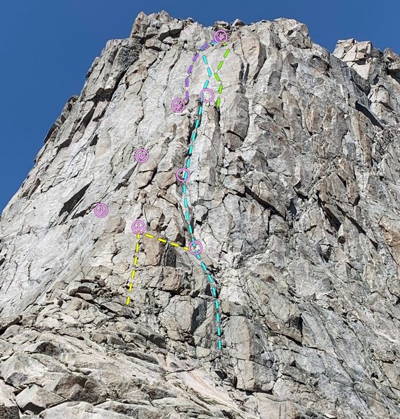 Approximate topo: yellow start is 5.6. Blue start is 4th class. Blue finish is 5.8. Purple finish is 5.6. Green finish is 5.8+
