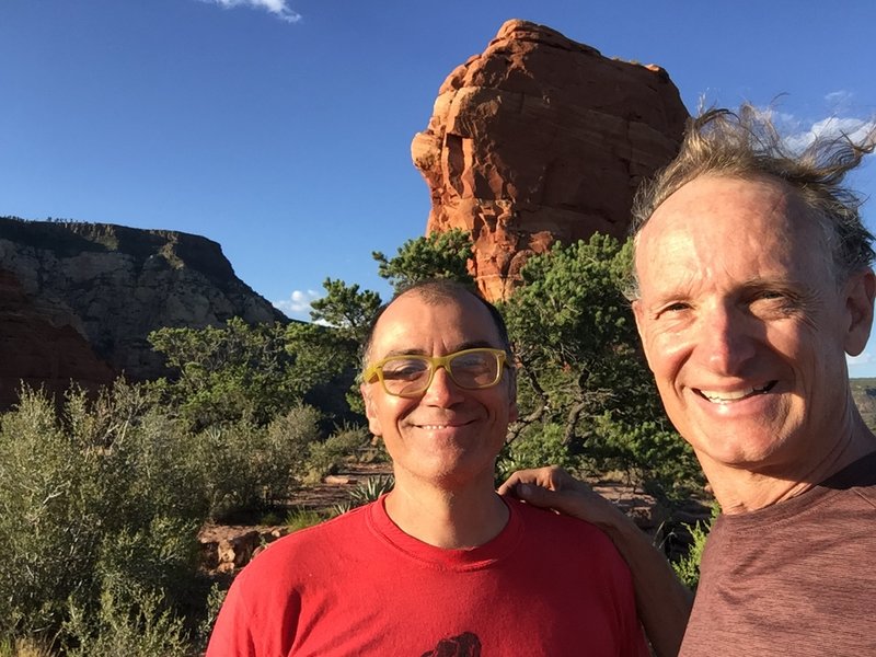 Two old farts climbin' & jivin'. Looks like the homeless guy found an old crazy guy to take a pic with him. Conning tower in the background.