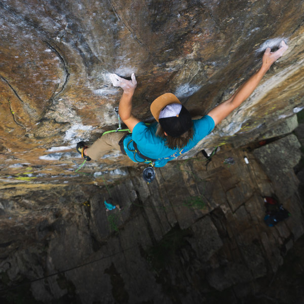 Cody on the upper crux of Hungry Wolf.