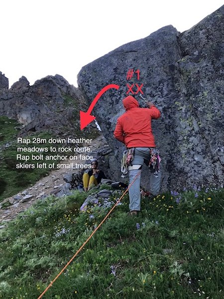 Last bolt belay in the Heather meadows. A quick scramble around left on a goat path brings you directly into Crossover Pass!