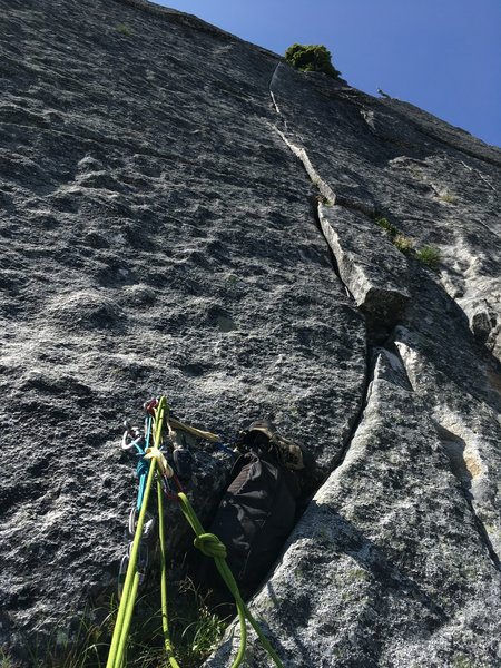 Pitch 7. The crux section made me think of an easier version of Sentry Box (Squamish first 5.12a). Crack (trending right) is thin but feet are good :- )