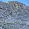 The technical 5th on the N. Ridge - short but exposed.<br>
<br>
Photo by Currey C.