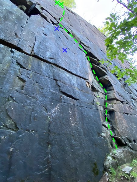 The 5.6 variation (green) to Sarge begins in the arching corner. Fun climbing!