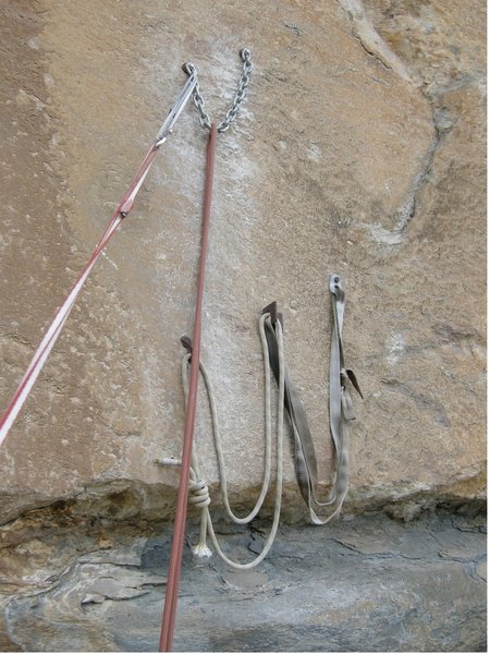 Second pitch belay station @ Cuarto Menguante. Original belay from first assent (Fedrico Pisani & Luis Cisneros) is at the bottom, new on top.