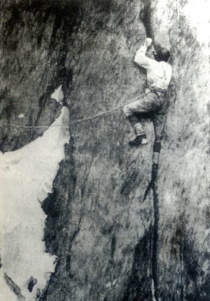 Alfred Mummery repeating his route, and namesake offwidth, in 1893. Note lack of Big Bros. Photo by Lily Bristow, first woman to ascend the Grepon; maybe in a dress!
